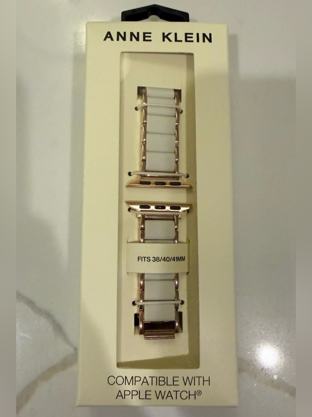 Anne Klein Cream Ceramic Link Apple Watch Band with Rose Gold Accents